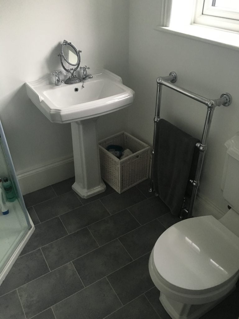 New rectangular vintage sink with under window chrome towel radiator